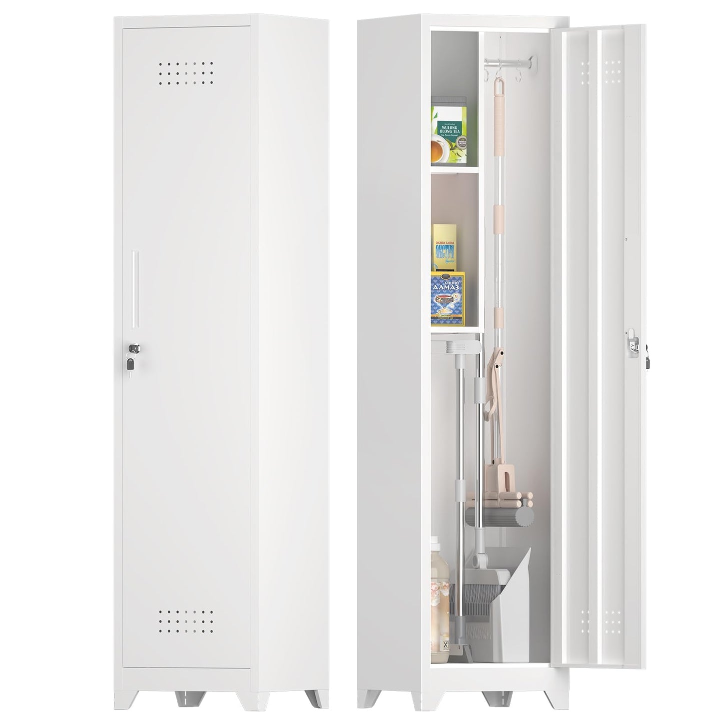 IRONFFICE Tall Broom Closet Storage Cabinet,Narrow Metal Storage Cabinets for Brooms and Mops,Slim Utility Cabinets with Doors,Broom Cabinet for Laundry,Living Room,Office,White