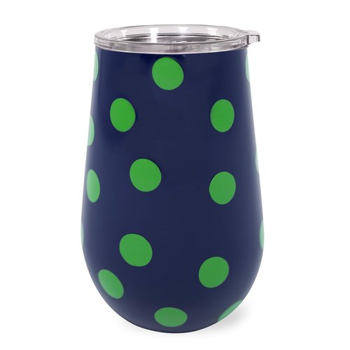kate spade new york Insulated Stainless Steel Wine Tumbler, 16 Ounce Double Wall Tumbler, Blue Stemless Travel Cup with Lid, Sonnet Dot