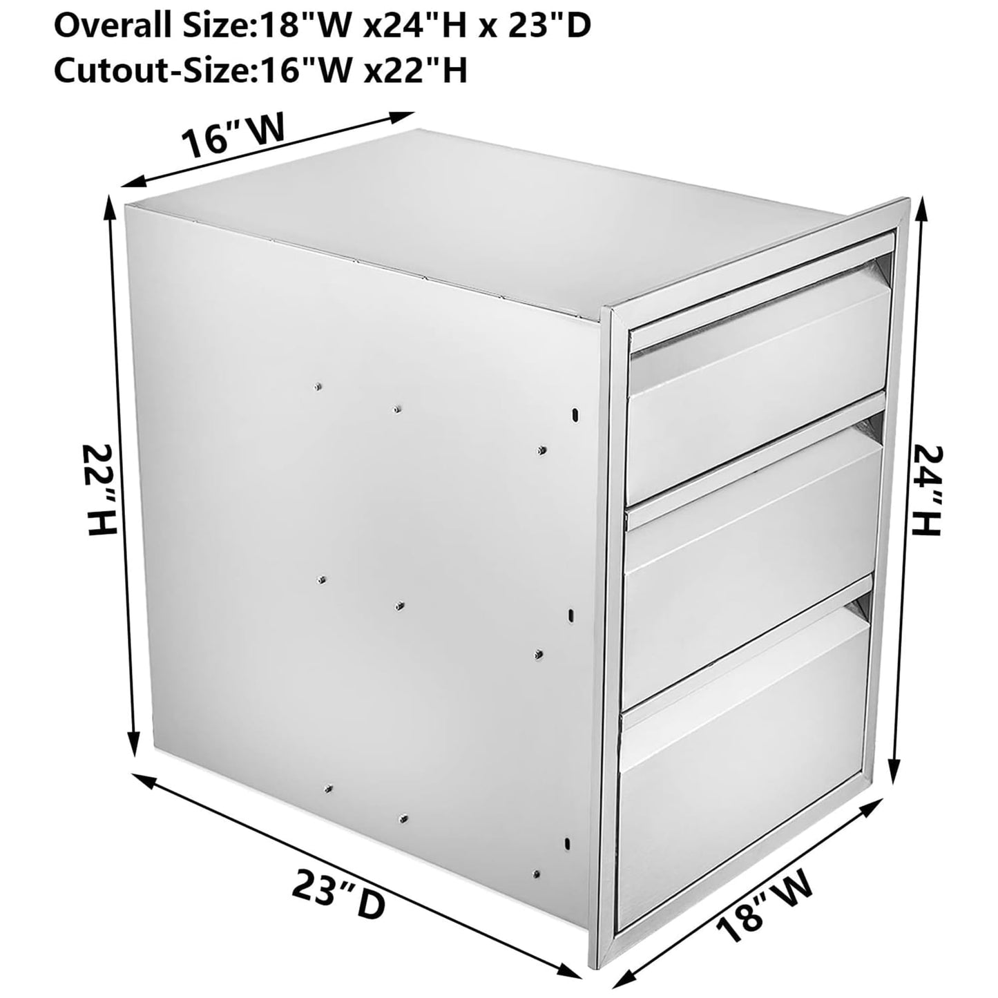Outdoor Kitchen Drawers, 18" W x 24" H x 23" D Outdoor Kitchen Drawers Stainless Steel, Flush Mount Access 3 Drawer for Outdoor Kitchen Island