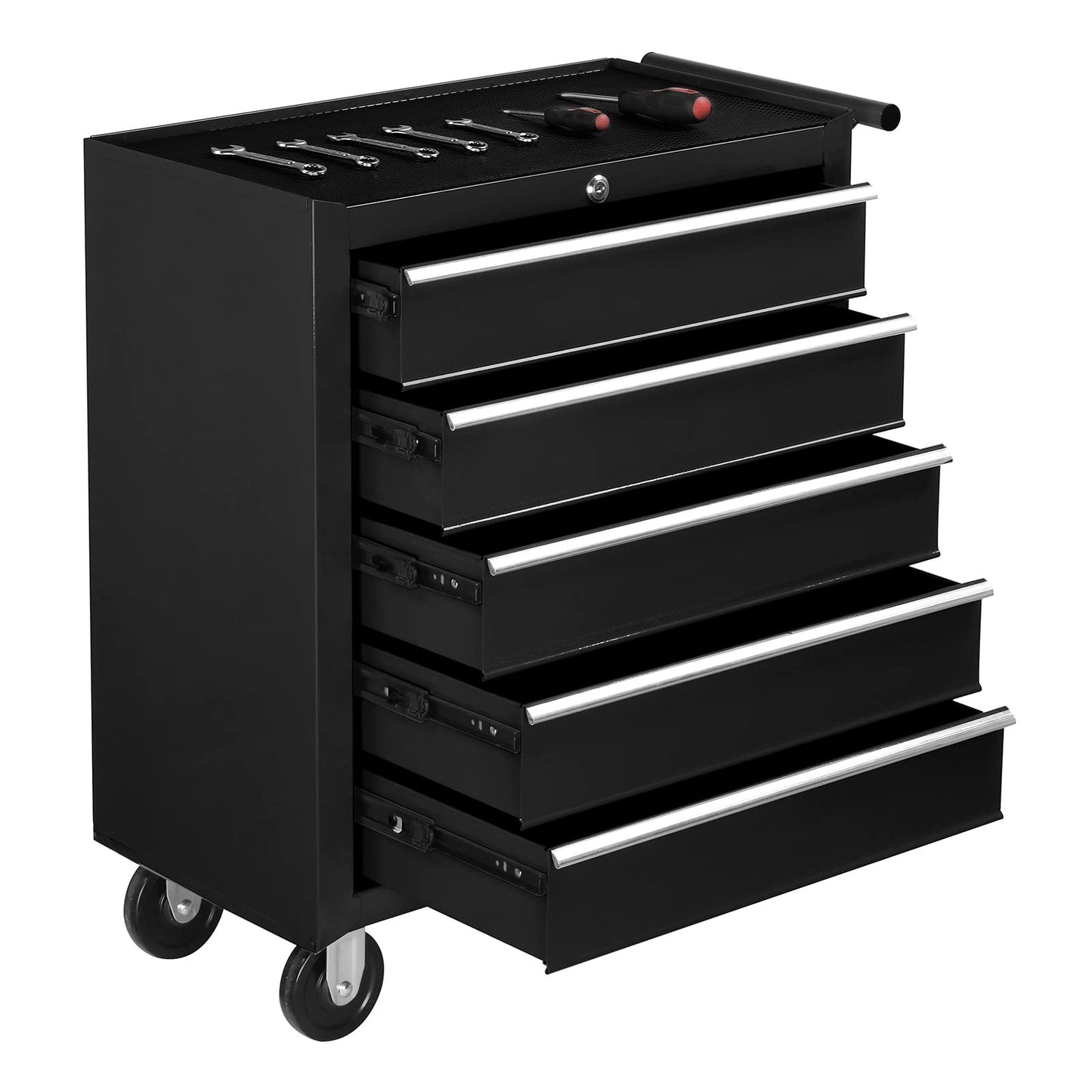TUFFIOM 5-Drawer Rolling Tool Chest w/Drawers & Lock, Tool Storage Cabinet with Lockable Wheels, Top Cushion & Drawer Liners, Tool Organizer Box for Garage, Warehouse & Repair Sho