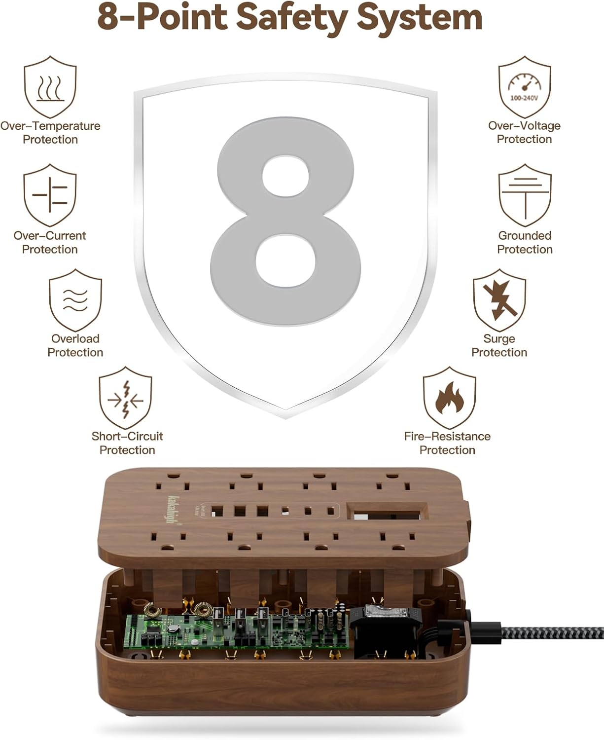 kakahigh 5 1625W 8 6 Walnut Power Strip with USB Ports - FT Wood Power Strip, Decorative Extension Cord with AC Outlet
