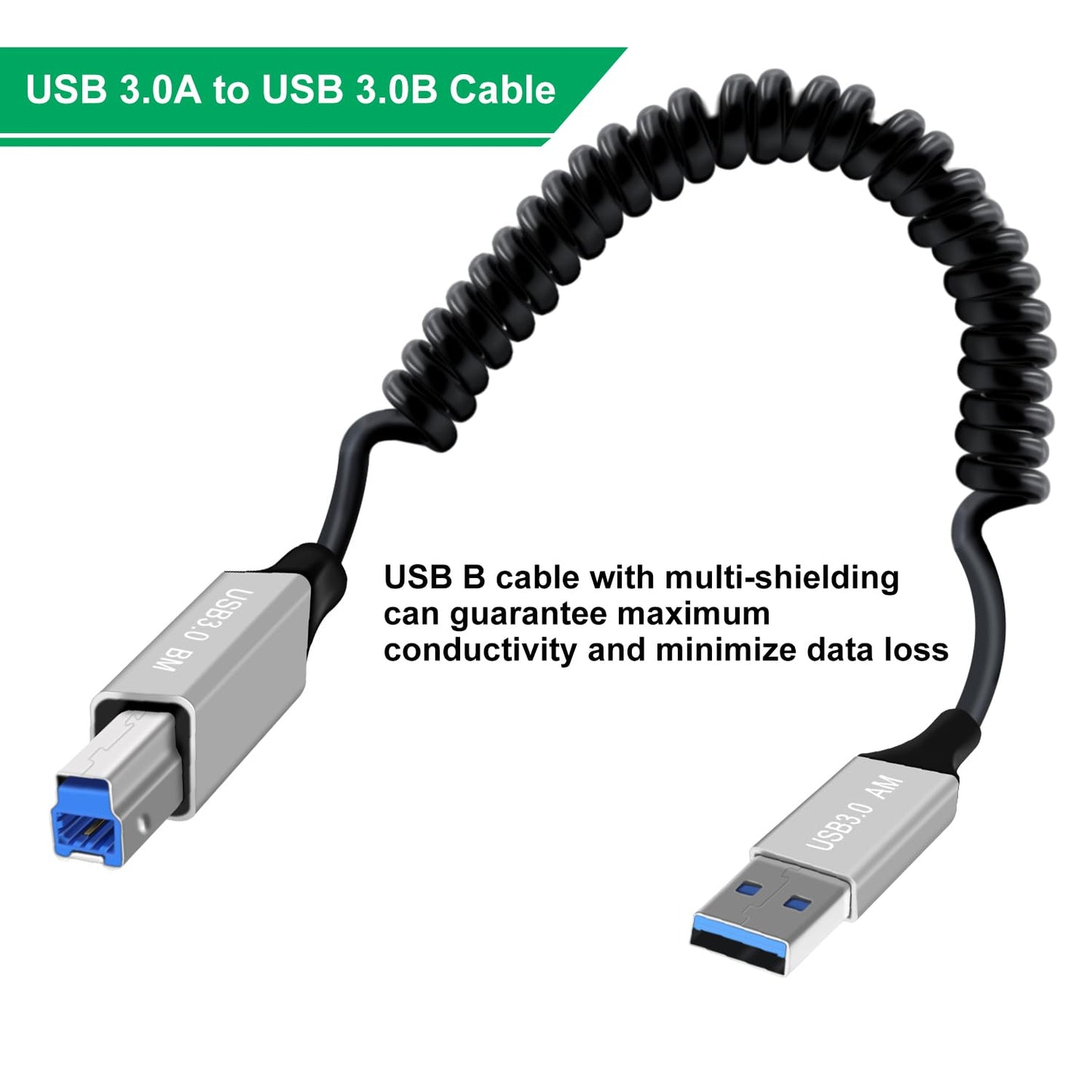 3.0 0.8 Coiled Printer Cable USB B to USB A Super USB Type A to B Male Cable for Scanner, External Hard Drives