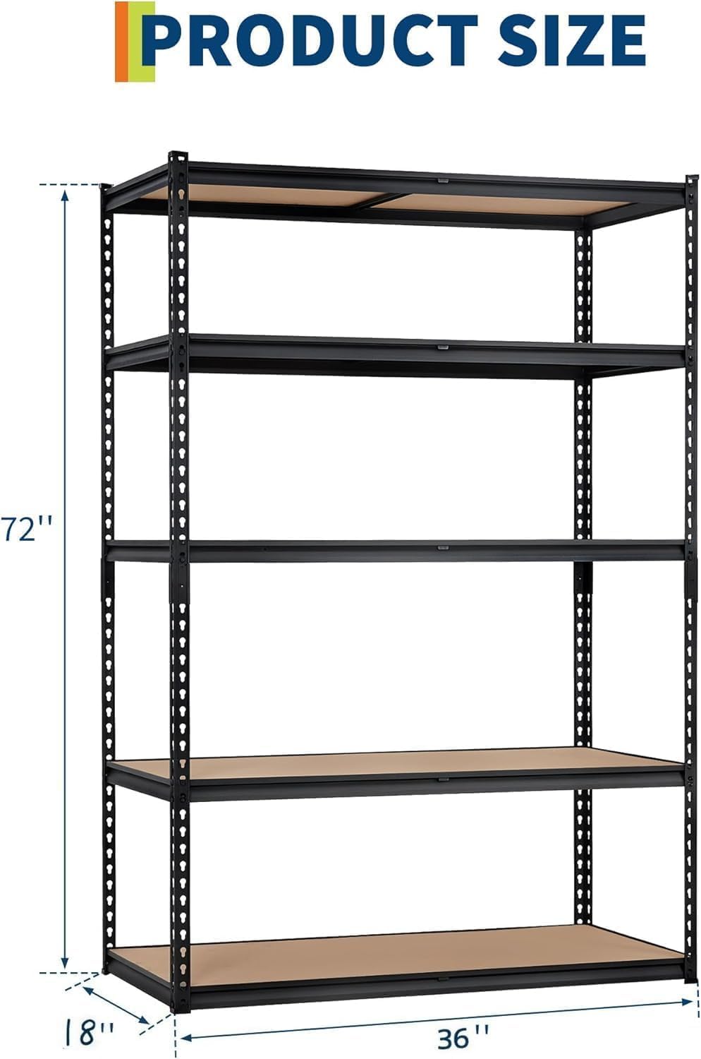 MOVECOM 5-Tier Heavy Duty Steel Shelving Unit, 2000 LBS Capacity Adjustable Garage Shelves, Large Storage Rack for Kitchen, Basement, Laundry, 36" L x 18" W x 72" H