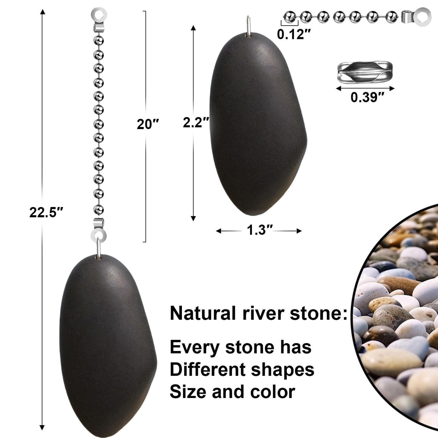 XIOFU Handmade Pebble Ceiling Fan Pull Chain - Natural River Stone Pull Chain for Ceiling Fans, Lamps, Wall Lights - Decorative Pull Cord (2PCS)