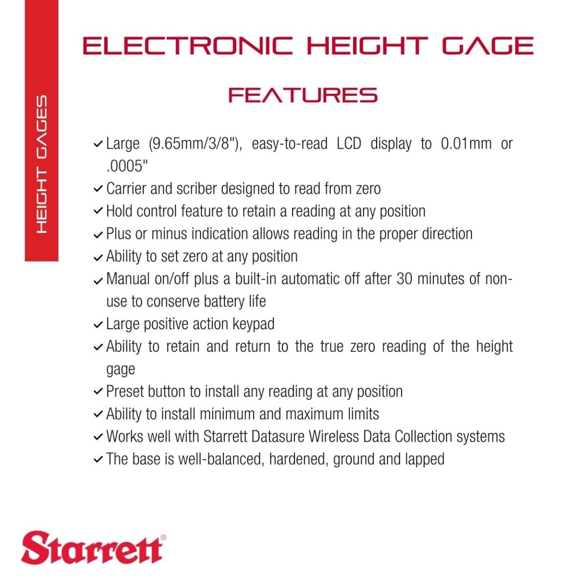 Starrett Electronic Digital Height Gage, SPC Output with Scriber - 0-24" Range, .0005" Resolution, Manual On/Off, Large LCD Display - 3754-24/600
