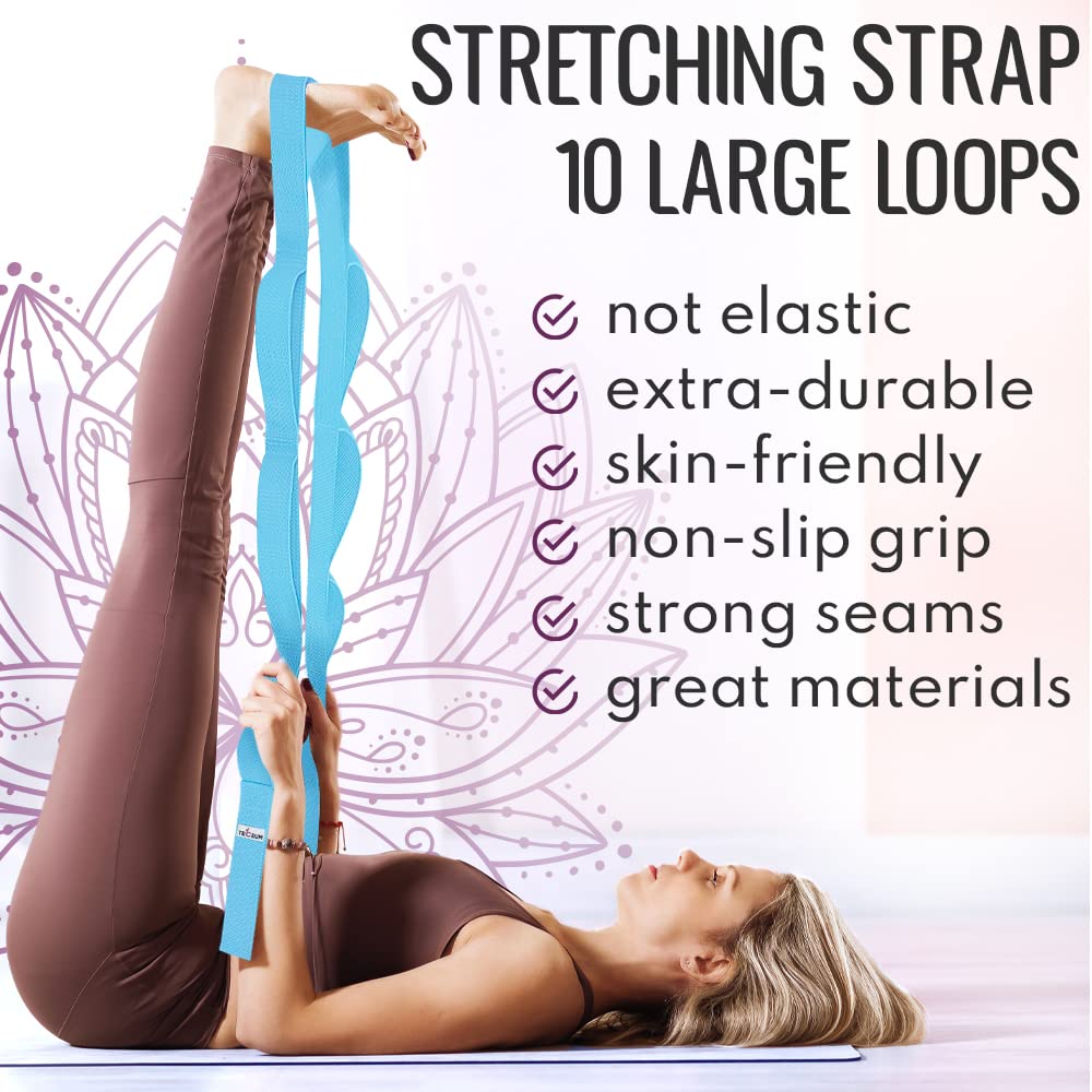 [NEW 2023] TECEUM Yoga Stretching Strap 10 Loops Non-Elastic Strap - Home Workout Stretch Strap for Physical Therapy, Yoga, Pilates plpr 1 in LtB