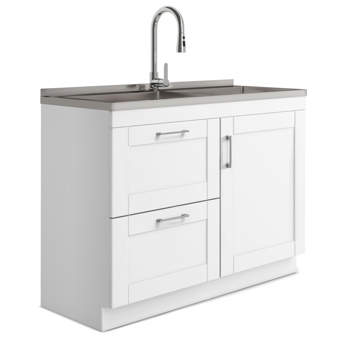 SIMPLIHOME Modern Wide Shaker All-in-One 46 inch Wide Utility Sink and Laundry Cabinet in Pure White Finish, Transitional Stainless Steel Sink Cabinet for Laundry Rooms with High-Arch Chrome Faucet