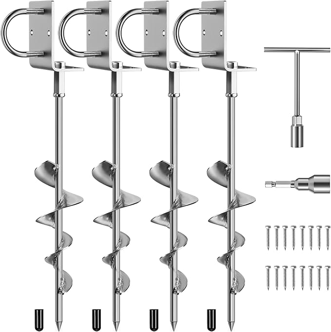Phopich Multi-Purpose Ground Anchors Screw in, 16in 4Pack Fully Welded Heavy Duty Trampoline Stakes with Brackets, T-Wrench and Adapter for Drill, Earth Anchor kit for Mobile Home, Trampoline, Shed