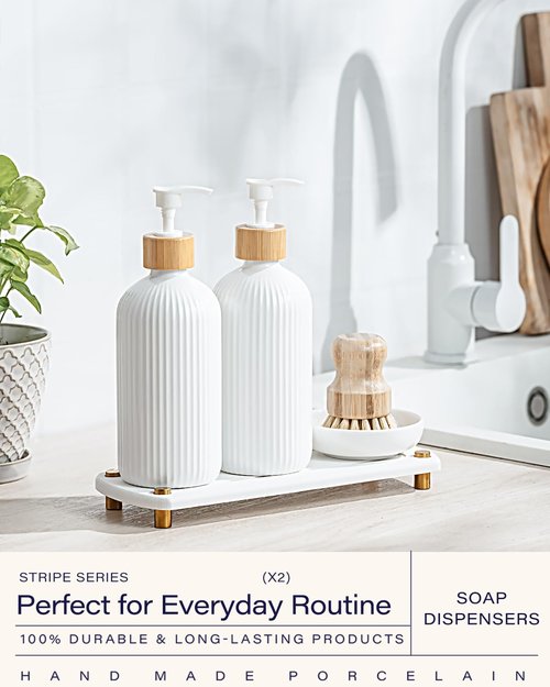 Getstar Hand and Dish Soap Dispenser Set, Ceramic Soap Dispenser for Bathroom and Kitchen with Rust Proof Pump and Tray, Set of 2 (White Pump&Body w/Brush)