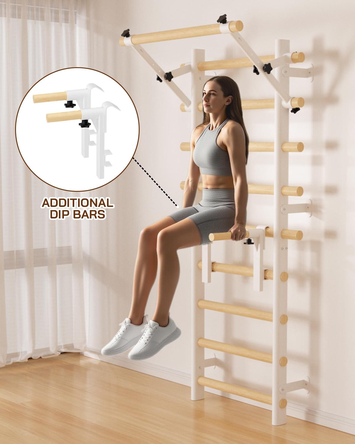 Cofiyard Swedish Ladder Wall Gym, Wooden Wall-Mounted Stall Bars with Pull-up Bar & Exercise Straps & Dip Bars, Stretching Ladder Full Body Home Gym Adults New, White