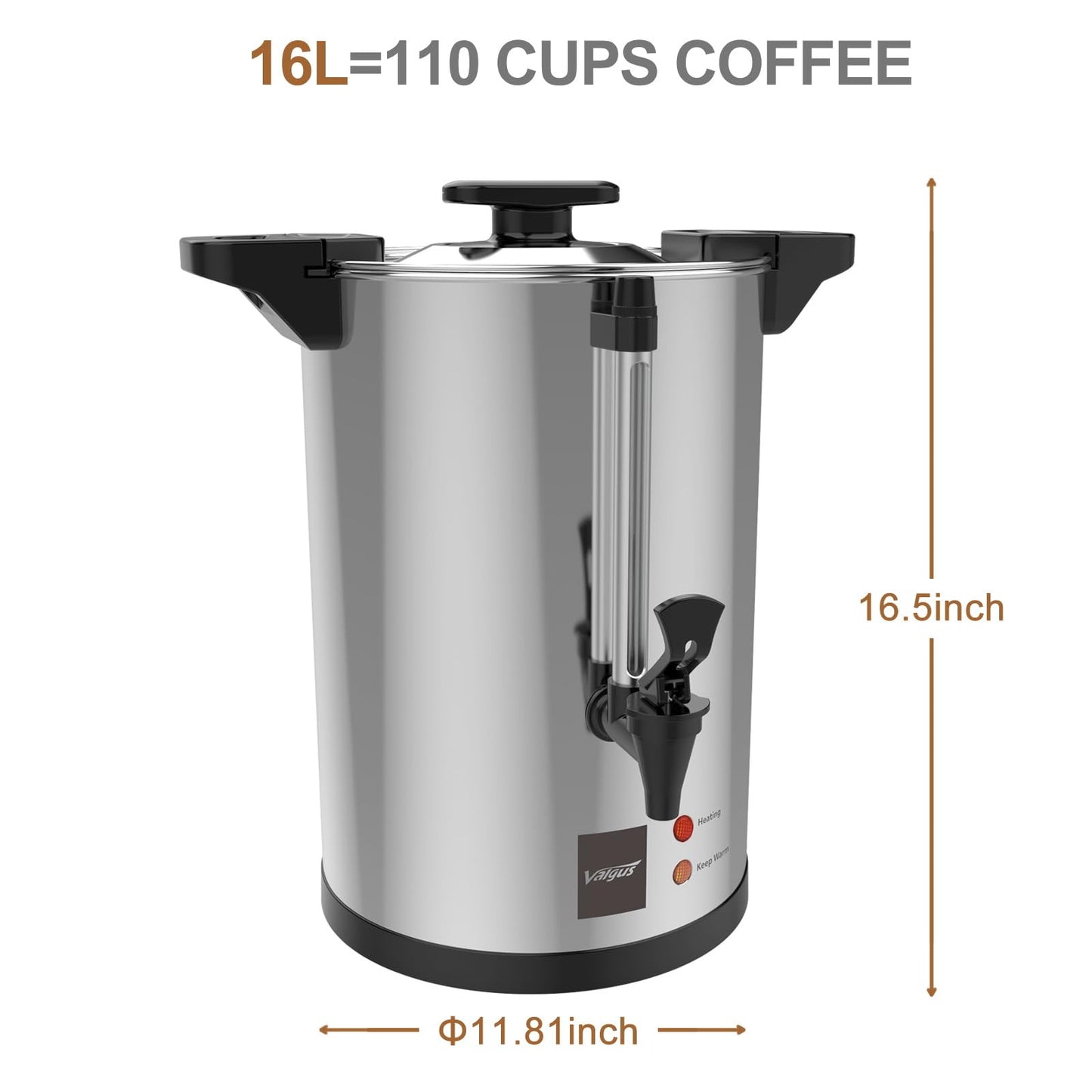 Valgus Commercial Grade Stainless Steel Coffee Urn 110-Cup 16L Coffee Maker with Percolator Coffee Dispenser for Quick Brewing for Large Crowds for Wedding, Parties, Catering Events