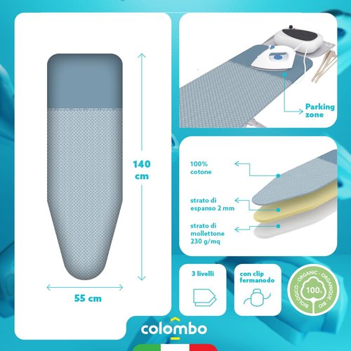 Colombo Ironing Board Cover 55” x 22” – 3-Layer Pad with 100% Organic Cotton, Heat-Resistant Parking Zone, Felt Padding, Clip Fastening, Eco-Friendly, Made in Italy