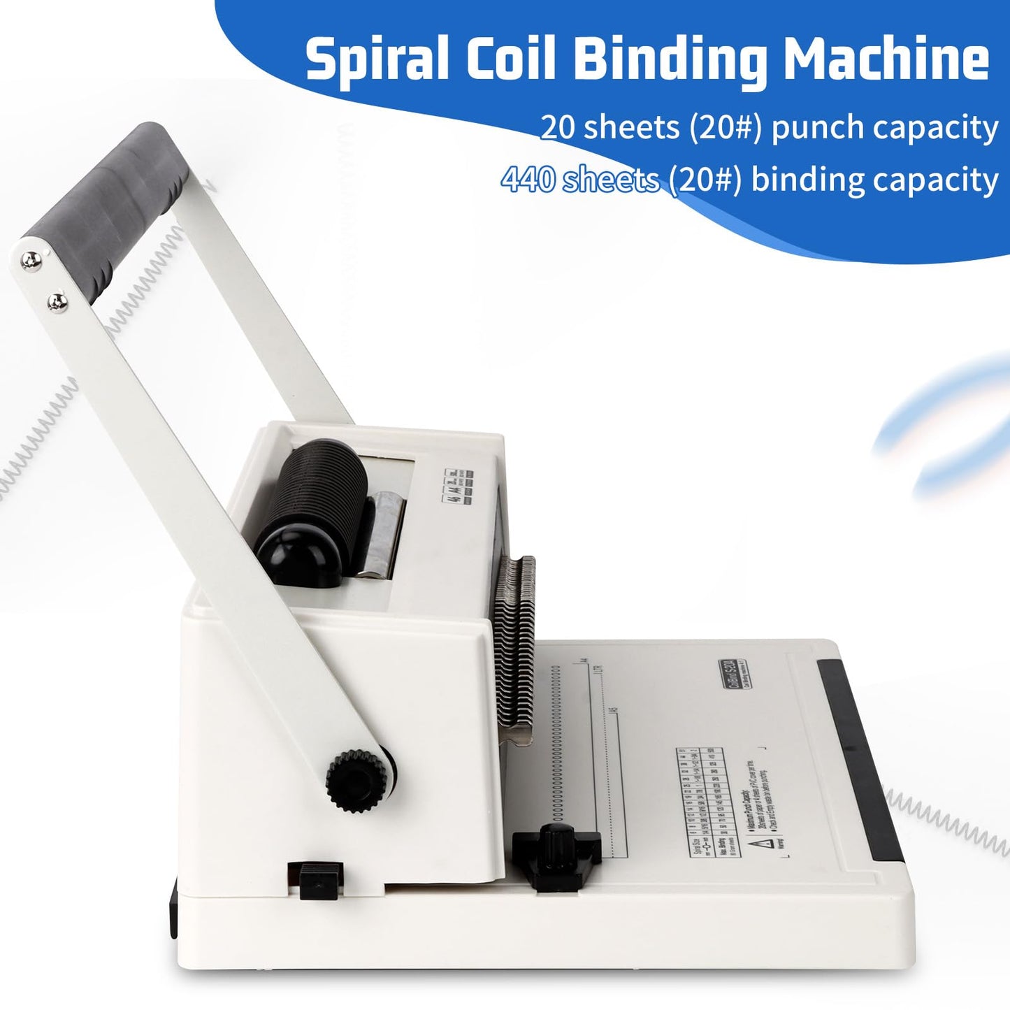 Vagbstu Spiral Coil Binding Machine with Electric Coil Inserter and Adjustable Side Margin, 20-Sheet Manual Punch,46 Fully Disengageable Dies,4:1 Pitch,Binds up to 500 Sheets - Includes 100 Coils