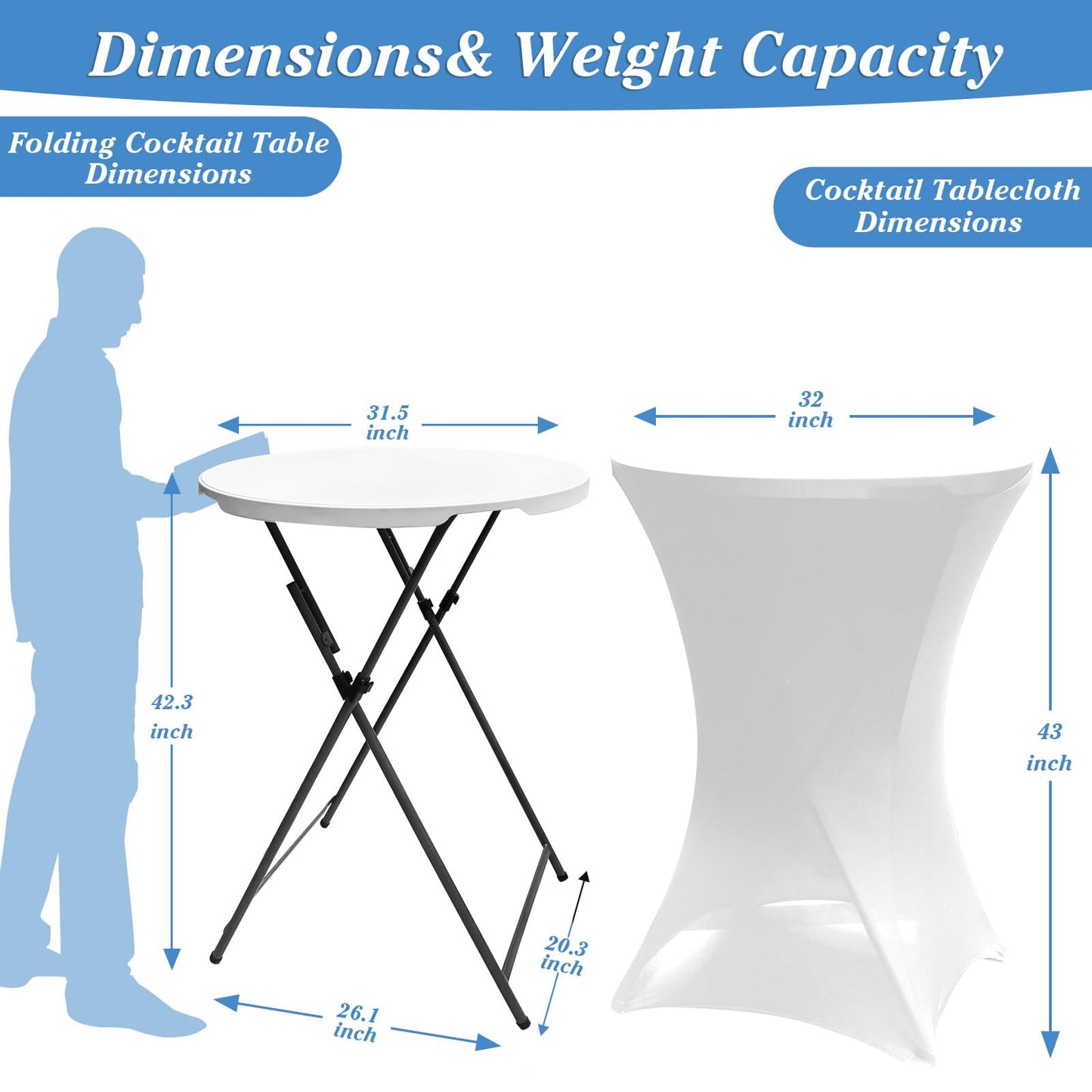 THESEATOP 32in Round Folding Cocktail Table High Top-Tall Bar Table with Detachable Legs, Portable Bar Height Folding Table Outdoor Indoor Use for Events Parties Wedding Patio(White, 2 PC)