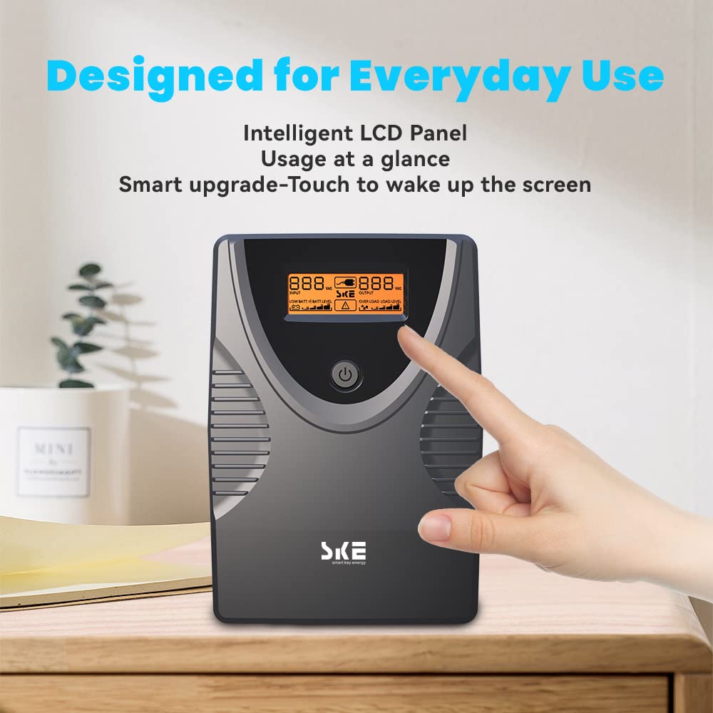 SKE SK625 625VA/360W UPS Battery Backup & Surge Protector - Uninterruptible Power Supply with LCD Display, AVR Voltage Regulation, 6 Outlets, Backup Power for PC, Router, NAS & Home Office