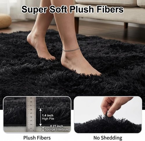 Mugorn Black Area Rug - Soft Fluffy Shag Carpet for Bedroom & Living Room | 2x3 Feet with Non-Slip Pads