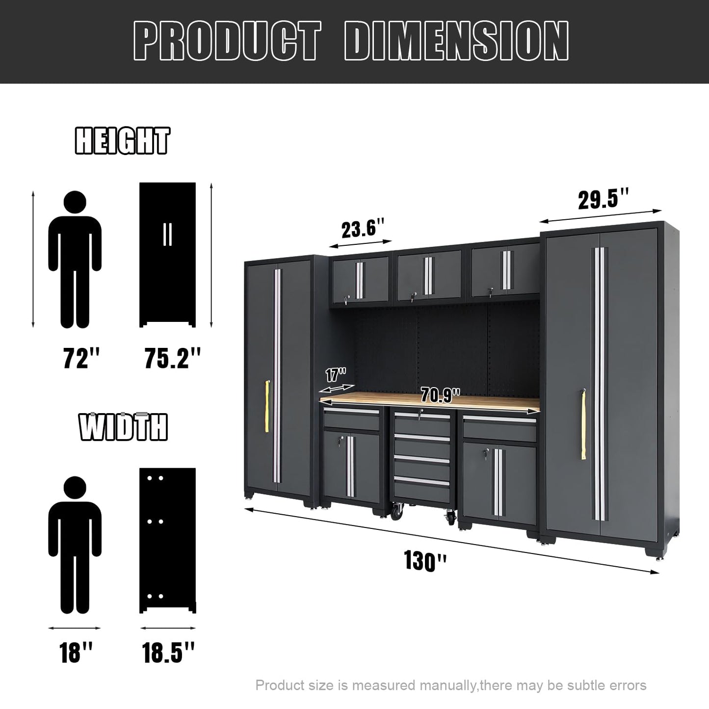 HPDMC Garage Storage Cabinet System 9-Pcs Workshop Set Garage Cabinets and Storage System with Steel Cabinet Drawers, Rolling Chest, Workbench, Pegboard for Garage Tool Organization, Black and Grey