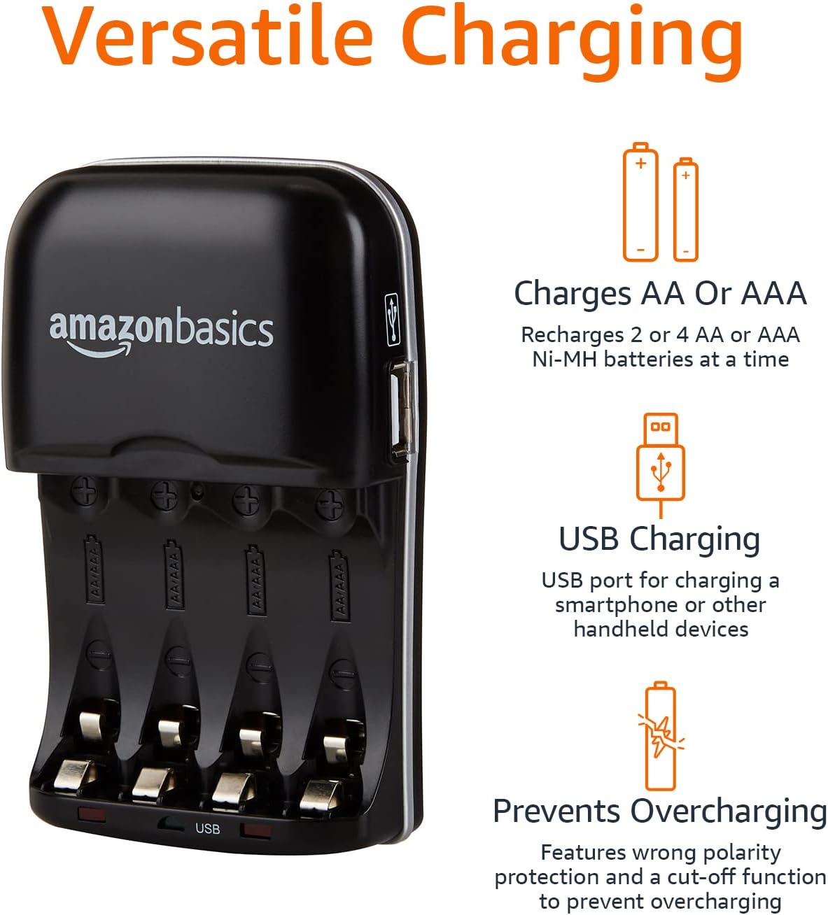 Amazon Basics Rechargeable Battery Charger for AA & AAA Ni-MH Batteries with USB Port, Portable, Travel-Friendly