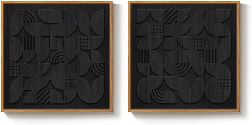 Framed 3D Black Abstract Wood Wall Art - Set of 2 Modern Geometric Paintings | Minimalist Decor 24x24 Inch