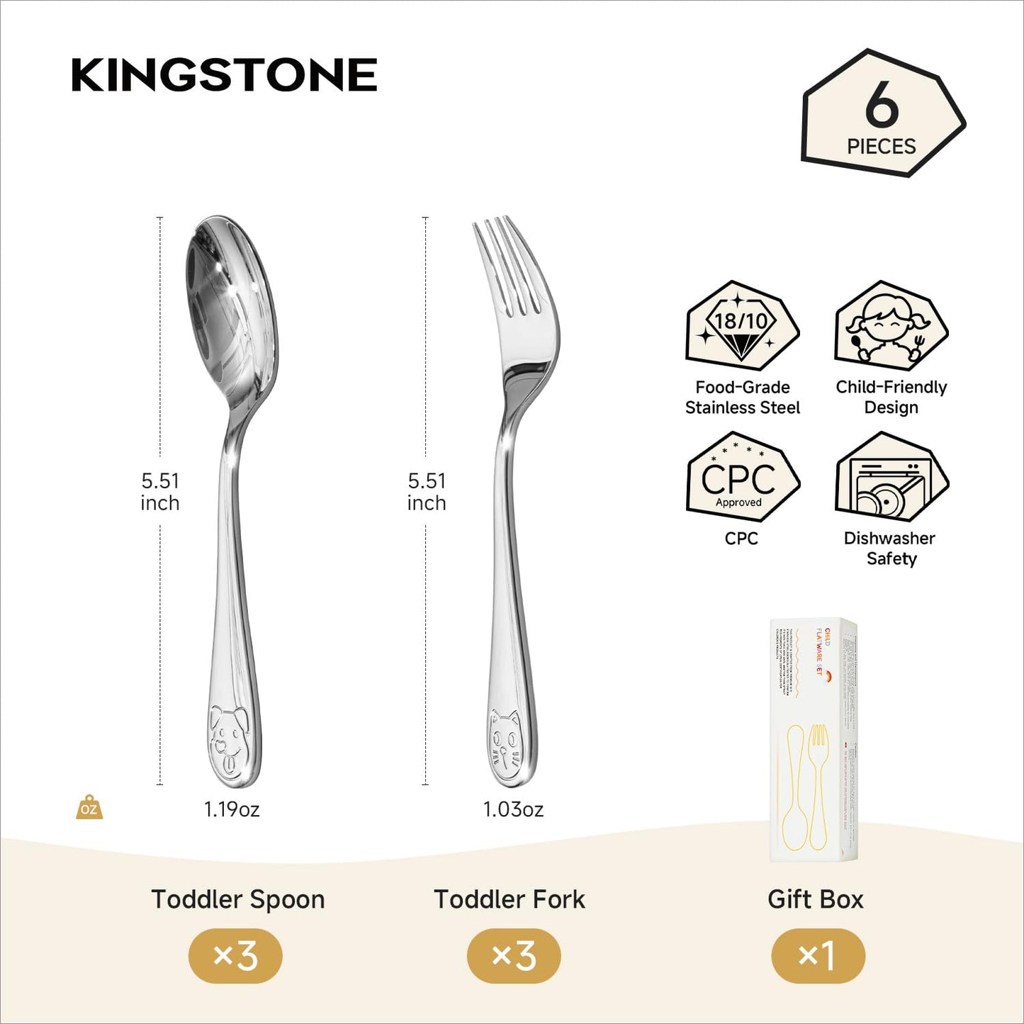 KINGSTONE Toddler Utensils Set, 6-Piece Small Forks & Spoons, 18/10 Stainless Steel, Cat & Dog Print, Ergonomic Self-Feeding Kids Flatware for Home, Travel & Preschool
