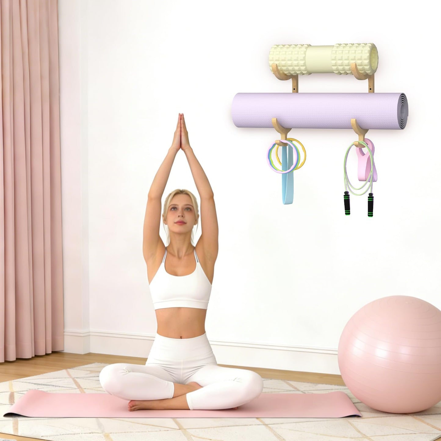 BSTSLL Wooden Yoga Mat Holder Wall Mount, Yoga Mat Storage Rack, Home Gym Equipment Organizer, Wall Mount Workout Storage Holder for Hanging Foam Rollers and Resistance Bands (2-Tier)
