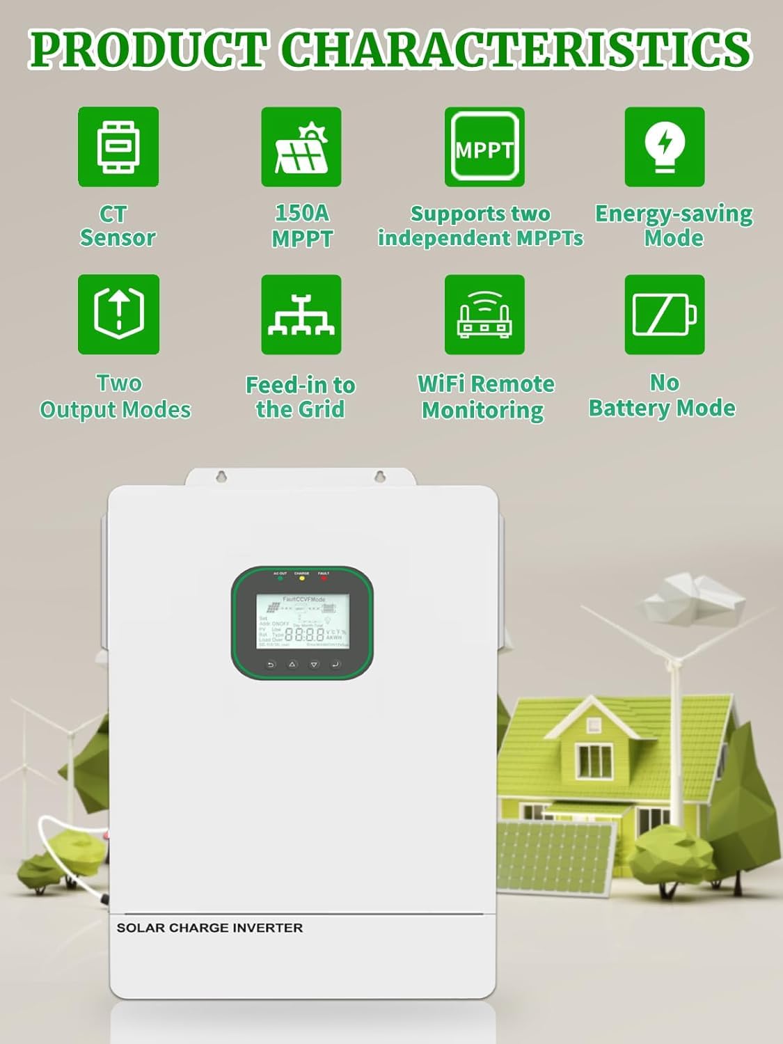 All in One 6500W Solar Hybrid Inverter Pure Sine Wave Inverter with Single Phase，MAX 6 Parallel, Work with 48V DC to 110V AC Lead Acid/LiFePO4 for Home, RVs, (6.5KW-WiFi)