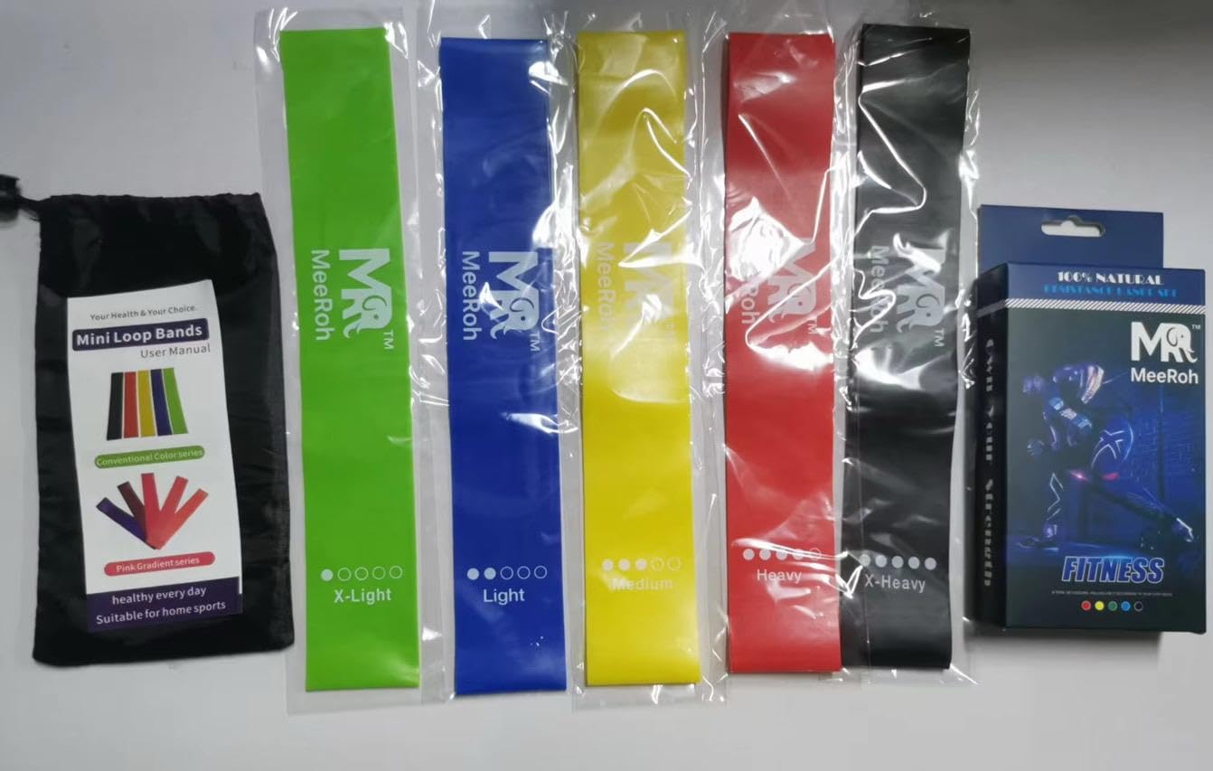 MeeRoh Mini Loop Resistance Bands Set (5 Levels) – Non-Slip Latex-Free TPE Exercise Bands – Heavy Duty Booty Bands for Legs and Glutes, Physical Therapy, Yoga & Pilates – Fitness Loops with Carry Bag