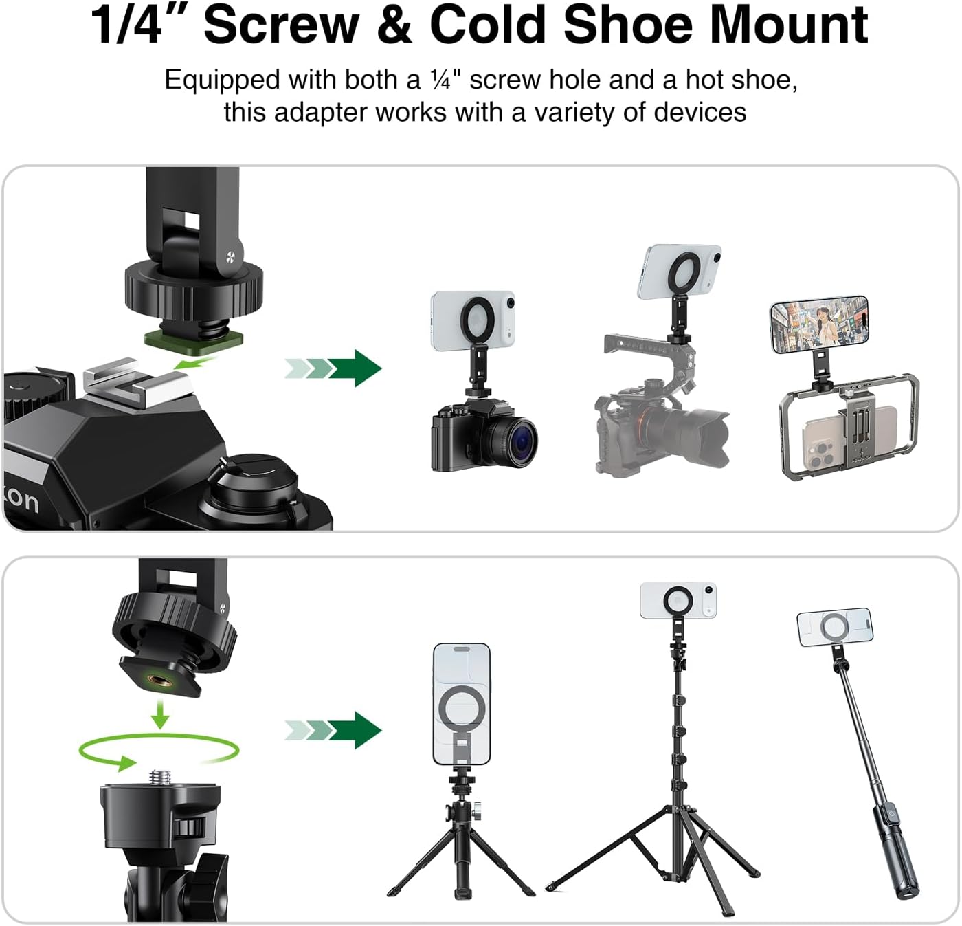 1/4 17 16 15 14 13 elitehood Magsafe Tripod Mount Adapter with Screw & Hot Shoe, Lightweight Compact Cell Phone Tripod