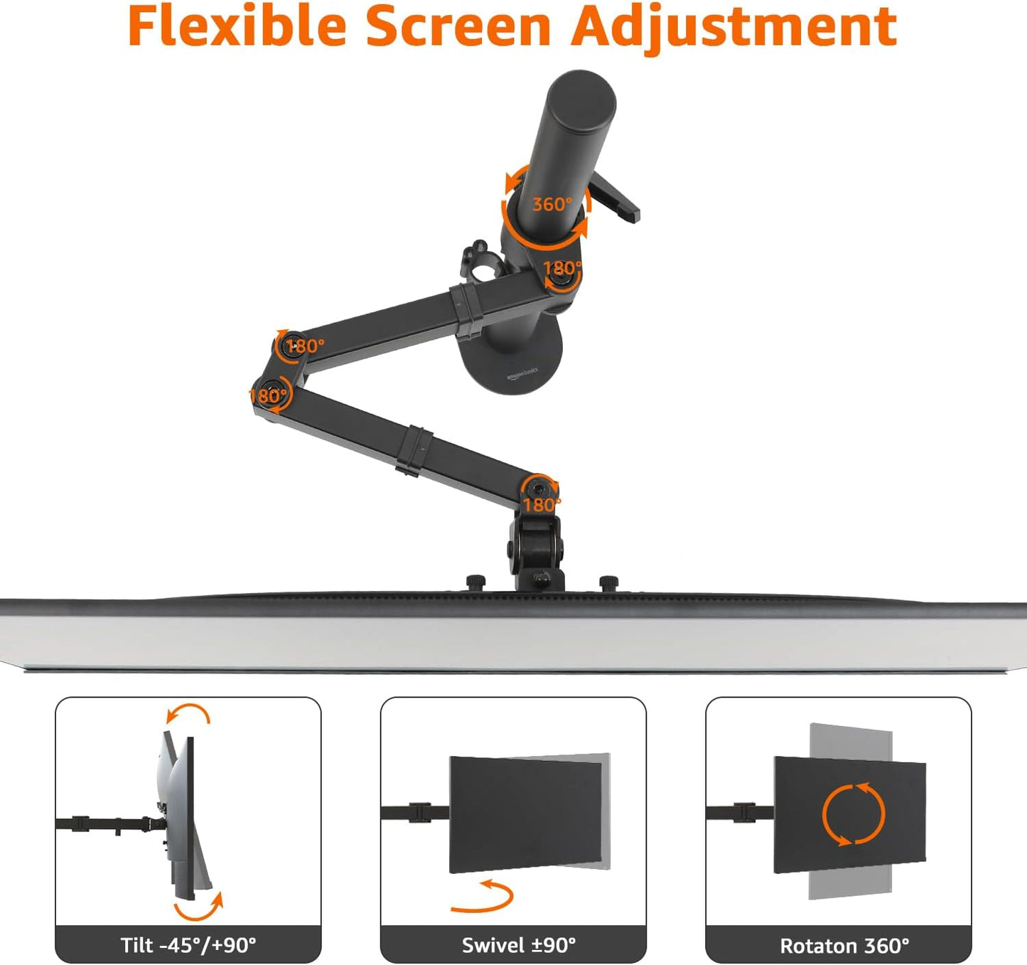 Amazon Basics 32" Adjustable Single Computer Monitor Desk Mount Arm, Holds up to and Ultrawide Monitors, Black
