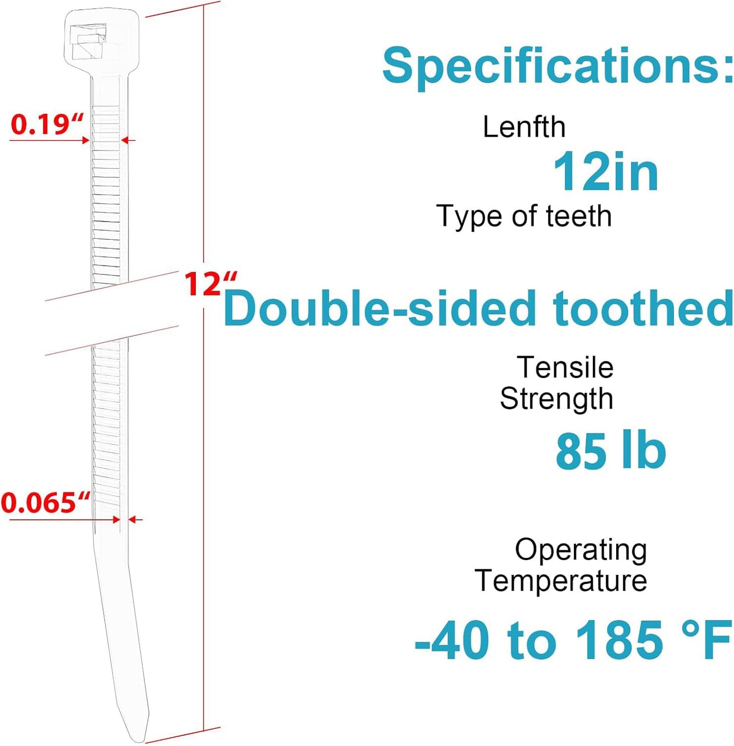 12 Inch 1000 Pack),85 LBS Zip Ties Double Sided Toothed (Bulk Tensile Strength Heavy Duty Cable Wire Ties