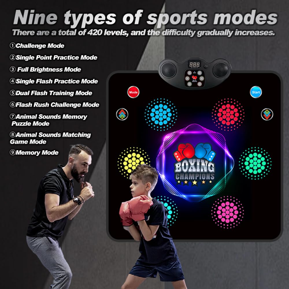 HTASKTEXEH 2025 Kids Musical Boxing Machine Comes with Boxing Gloves, 9 Modes, 420 Levels, 7 Lights, wall-Mounted Dual-Purpose, Memory and Reaction Training Equipment Christmas Birthday Gift for Kids