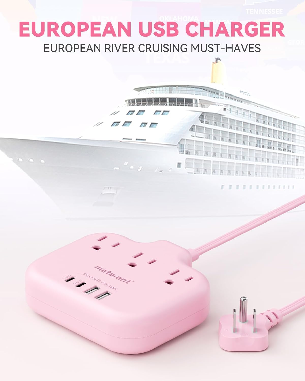meta-ant 3 4 (2 1625W Pink Extension Cord with AC Outlets & USB Ports USB-C), Pink Desk Accessories, Cute Extension