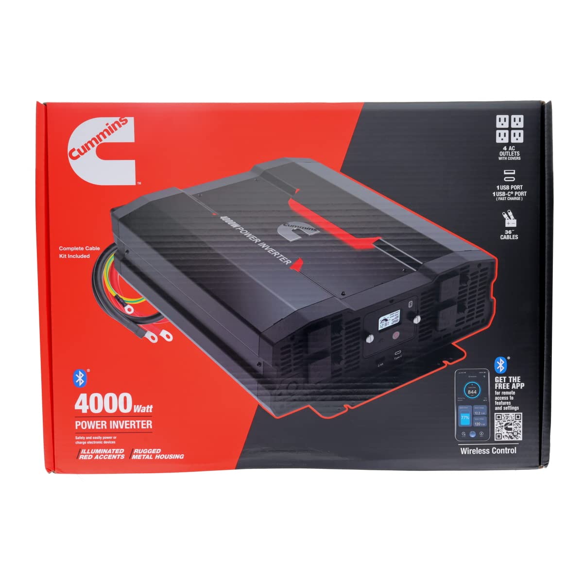 Cummins 4000 Watts Inverter Modified Sine Wave Truck Inverter 12 Volts to 110 Volts Four AC Outlets Two USB Ports (Plus Cable Kit)- CMN4000W - Inverters for Vehicles, Van Life, Camping