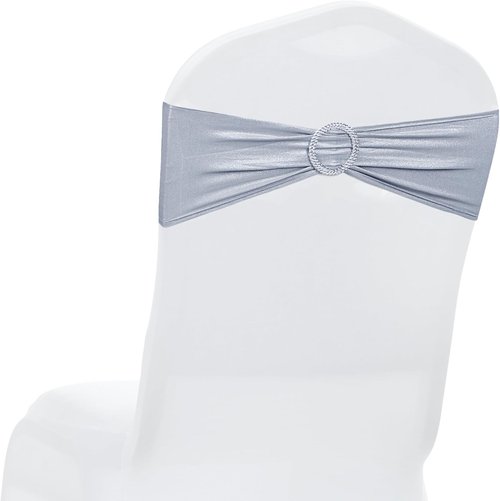 MDS Spandex Foil Chair Sashes - Universal Elastic Stretch Bands with Buckle for Weddings | Metallic Silver, Pack of 150