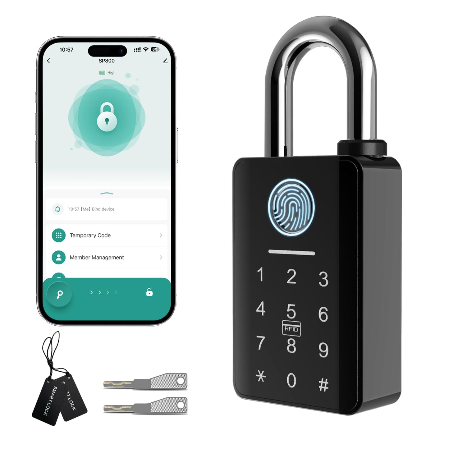 Heavy Duty Smart Fingerprint Padlock with Key, Bluetooth Outdoor Gate Lock IP66 Waterproof, 5 Ways Unlock Smart Gate Lock for Fence Gate Pool Shed Gym Lock Storage, Locker, Tuya App (Gray)