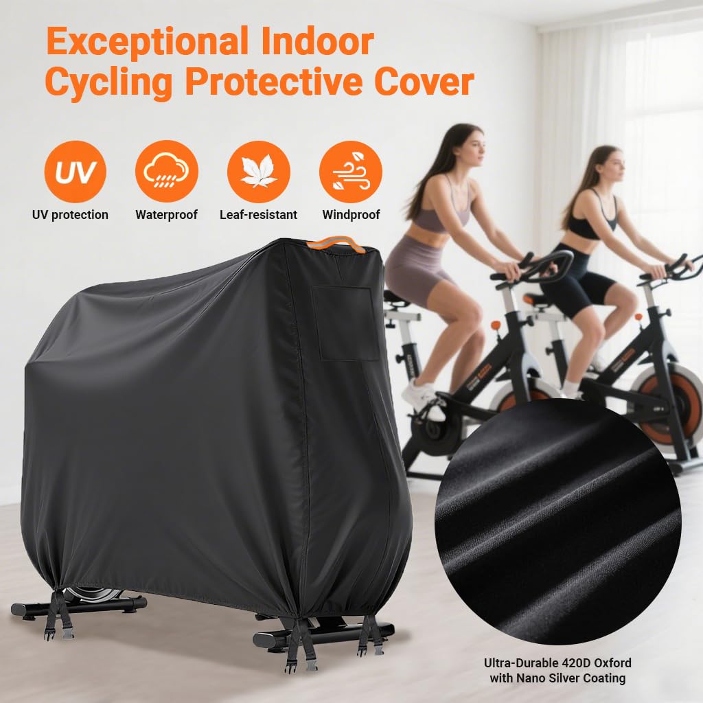 AAOWEEY Stationary Bike Cover Waterproof Outdoor，Upright Exercise Bike Cover with Air Vent,Waterproof Strip,4 Windproof Buckles,All Weather Large Cover for Most Exercise Bike