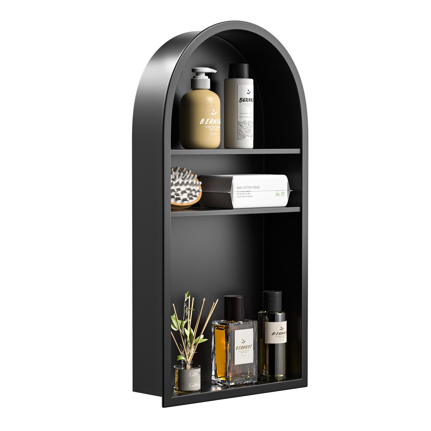Bernkot Stainless Steel Arched Shower Niche 24" X 12" Matte Black No Tile Needed Vertical Niche Shower with 3-Tier Shelves Recessed Wall Arched Niches for Bathroom Storage