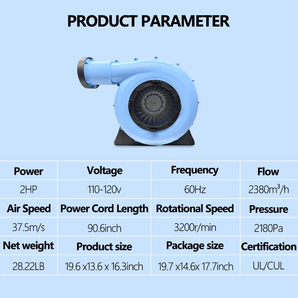 2HP Commercial Air Blower for Inflatable Bounce House, 1500W Heavy Duty Blower with Dual Blades, Quiet & Durable Design, ETL Certified for Outdoor Castle, Slide, Party Use