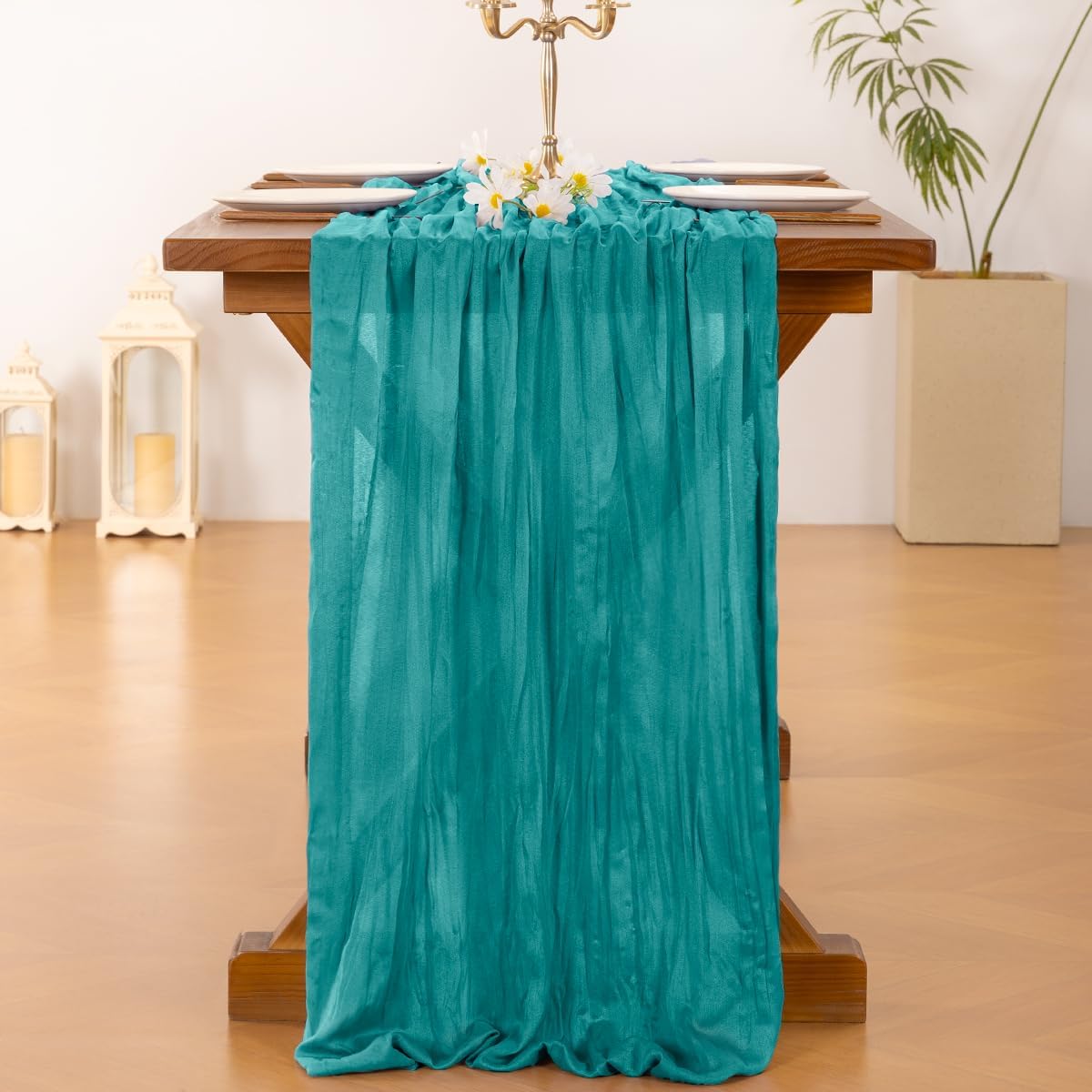 Socomi Teal Blue Cheesecloth Table Runner - 120 Inch Boho Rustic Gauze for Weddings & Events