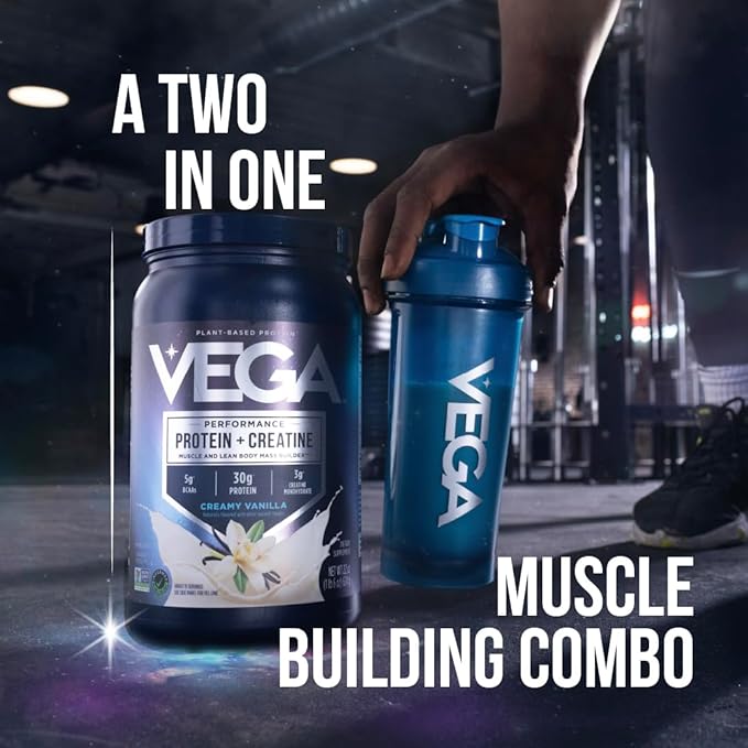 Vega Protein + Creatine - 30g Plant-Based Protein, Vanilla, 20 Servings, 3g Creatine, 5g BCAAs, Vegan, Keto, Gluten Free, Dairy Free, Low Carb, for Muscle Growth & Repair, Drink Mix, 33.9oz