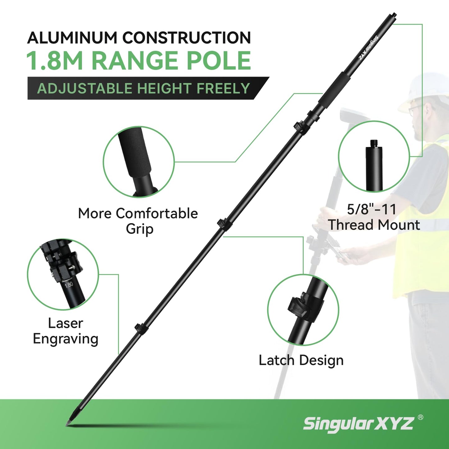 SingularXYZ Aluminum GPS Rover Rod Telescopic Survey Pole for Land Surveying & Engineering – RTK GPS/GNSS Accessory for Surveying and Measuring Poles(5.91ft/1.8m)