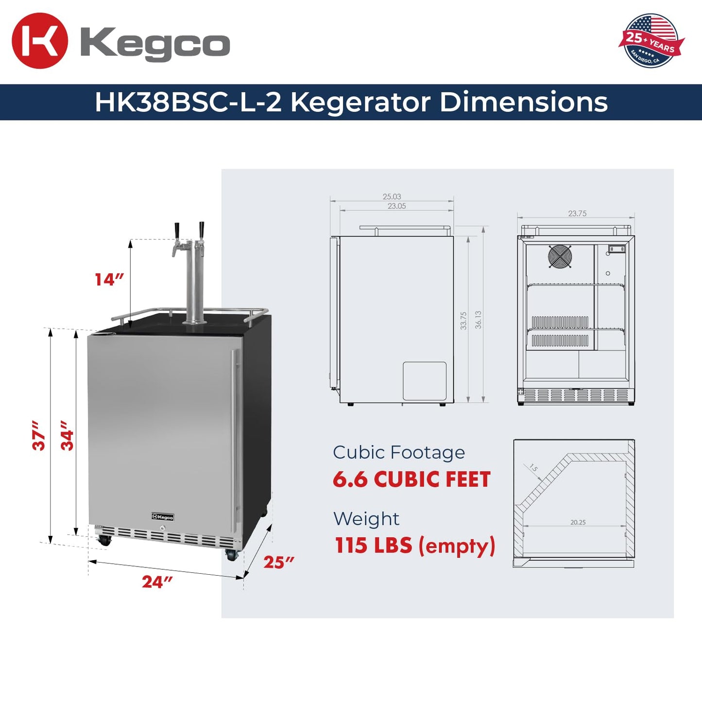 Kegco Kegerator 24" Wide Dual Tap Black/Stainless Steel Commercial Beer Dispenser HK38BSC-L-2