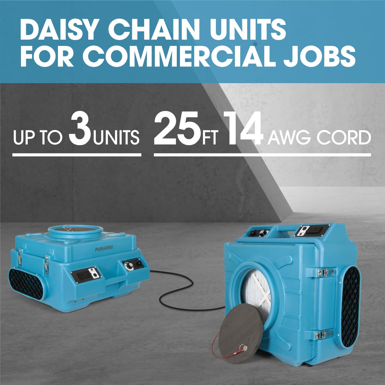 PURAERO HEPA Air Scrubber with GFCI Outlets for Daisy Chain | 1/4 HP, 675 CFM, 2.2A | Water Damage Restoration, Grow Rooms | PA-600-HAS | Blue