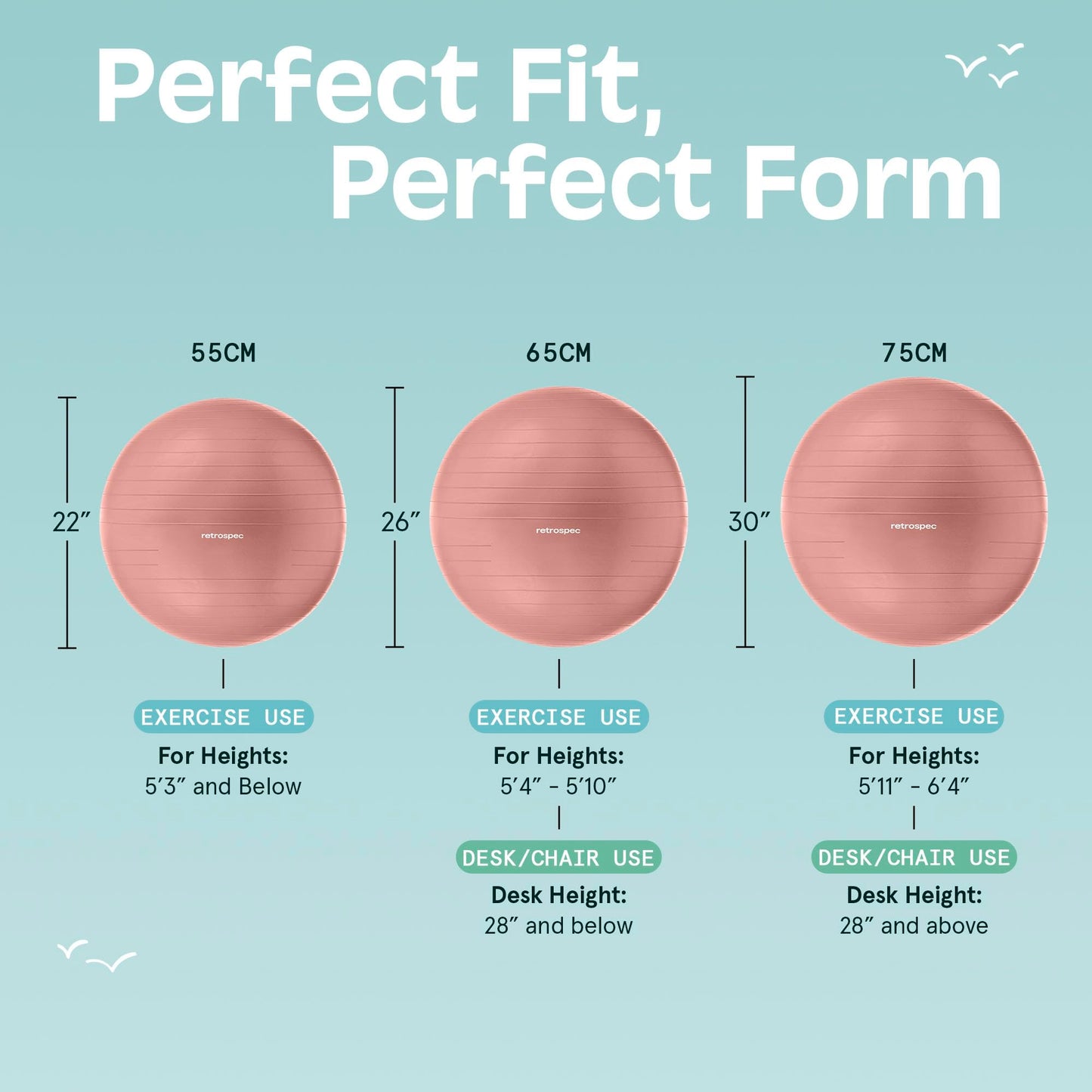 Retrospec Luna Exercise Ball, Base & Pump / Ball & Pump with Anti-Burst Material - Fitness Gym Swiss Ball - Perfect for Balance, Stability, Yoga, Pilates, Pregnancy & Birthing