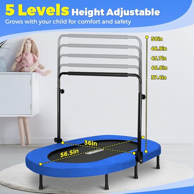 ONETWOFIT Kids Indoor Trampoline, 56" Foldable Mini Trampoline Rebounder with 5 Level Adjustable Handle Bar for 2 Childen Jumping Max Load 250 Lbs