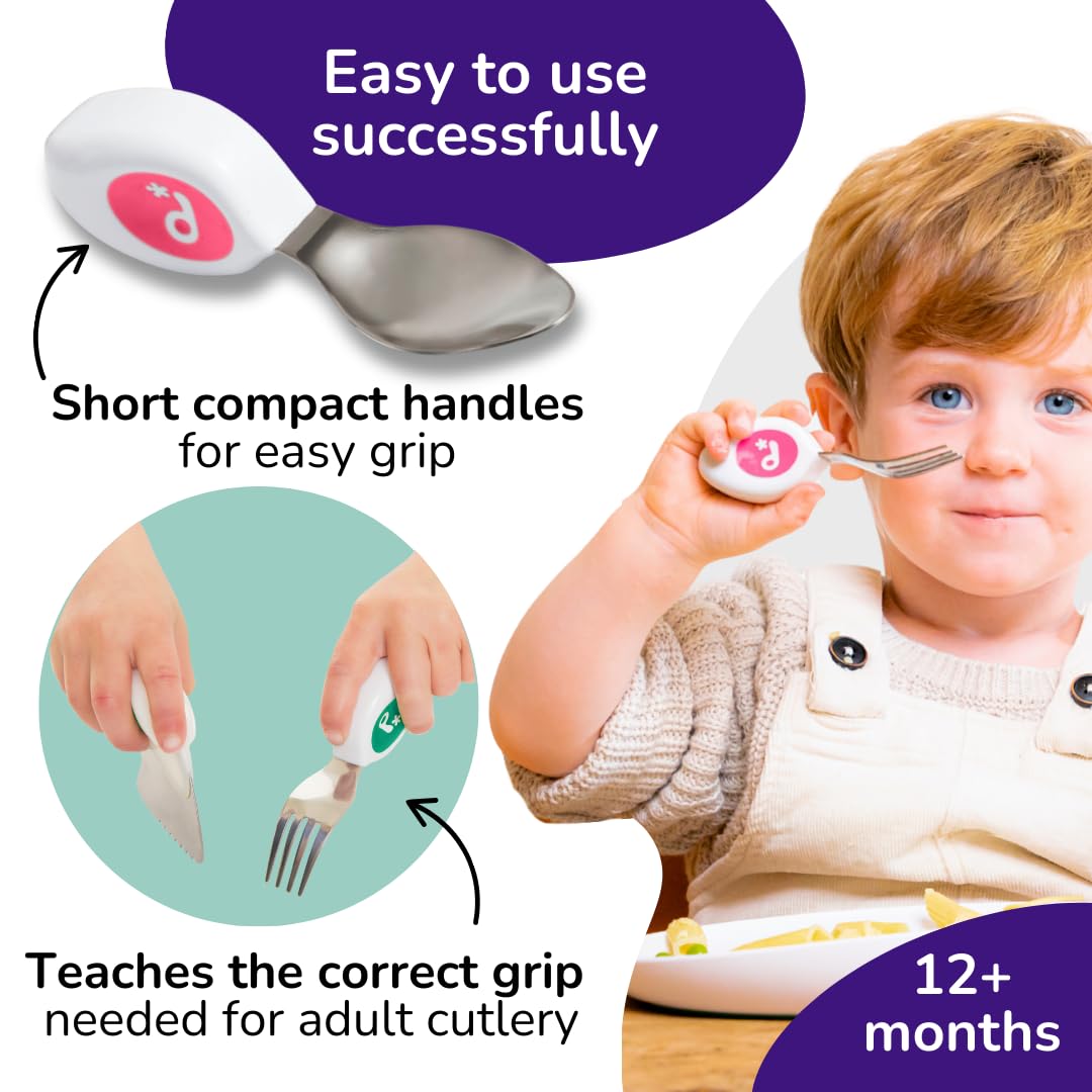 doddl Toddler Utensils, Ergonomic Fork Spoon and Knife Set for Self Feeding, Stainless Steel Silverware for 1-3 Year Olds, BPA Free, Dishwasher Safe (Magenta)