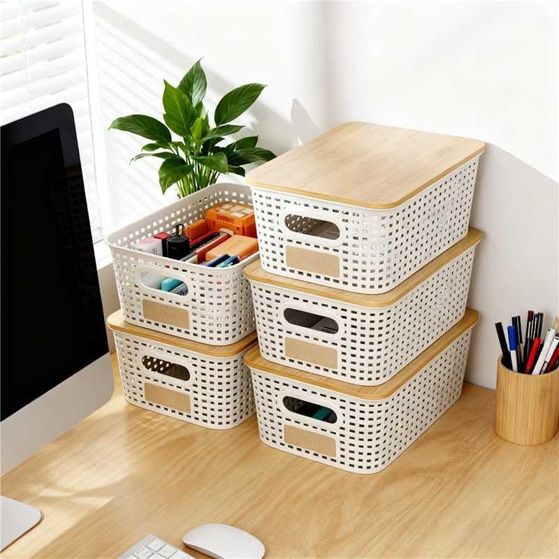 Skiennix Storage Bins - Stackable Plastic Baskets with Bamboo Lids | 6 Pcs Pantry Organizer Set (10"x7.1"x4.1")