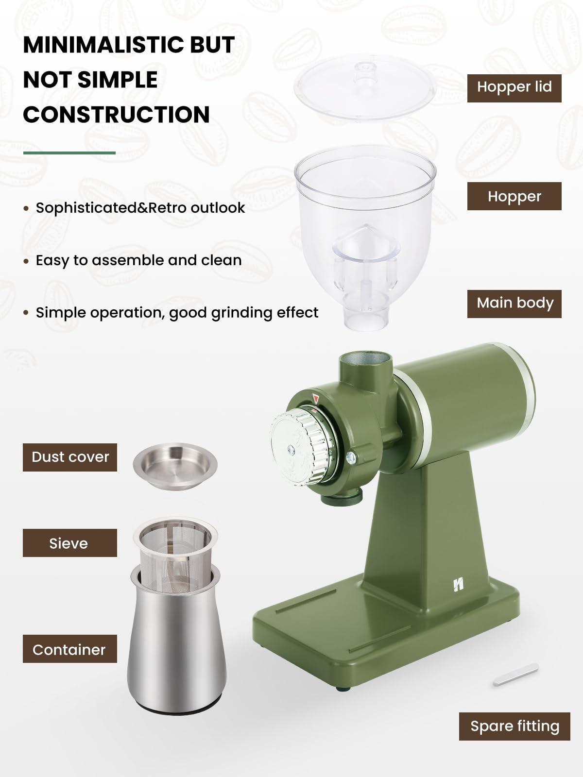 Huanyu Electric Coffee Bean Grinder 250G Automatic Burr Grinder Green and Huanyu Commercial Coffee Grinder with 64mm Flat Burr Anti-Flying Grounds Outlet 26oz Lotus Hopper Bundle