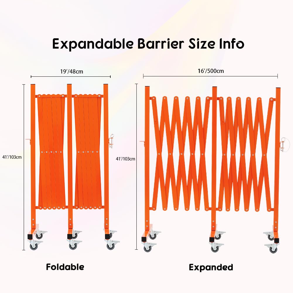 GYMTIME Expandable Metal Barricade, Portable Safety Barrier with Casters, Flexible Mobile Security Gate, Adjustable Traffic Fence for Shopping Mall, School, Warehouse, Orange, 16 Feet