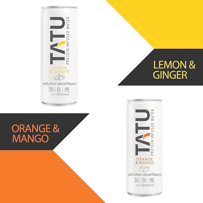 TATU Ready-To-Drink Protein Infused Water Orange Mango 12 Pack. 15 grams of whey protein isolate, 0 grams of sugar, only 60 calories. Lemon Ginger and Orange Mango. Gluten Free, lactose free.…